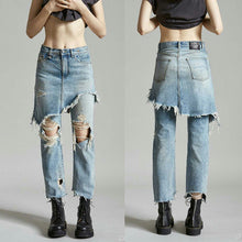 Street S Ripped Jeans Woman Fake 2 Piece Skirt Pants Denim Big Hole Destroyed Women Jeans High Waist Jeans Femme