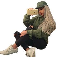 Streetwear Army Green Broke Hole Hoodies Sweatshirt Women Plus Size Loose Casual Pullovers Women Chic Hollow Hoody