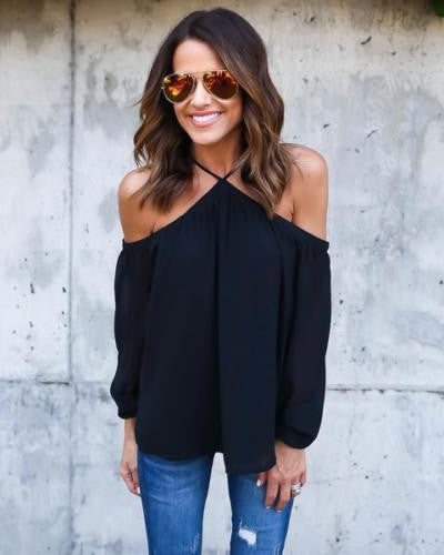 Casual Women Blouse Sexy Long Sleeve Halter Neck Off Shoulder Shirts Solid Color Loose Chiffon Blouses M0387