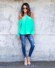 Casual Women Blouse Sexy Long Sleeve Halter Neck Off Shoulder Shirts Solid Color Loose Chiffon Blouses M0387