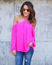 Casual Women Blouse Sexy Long Sleeve Halter Neck Off Shoulder Shirts Solid Color Loose Chiffon Blouses M0387