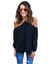 Casual Women Blouse Sexy Long Sleeve Halter Neck Off Shoulder Shirts Solid Color Loose Chiffon Blouses M0387