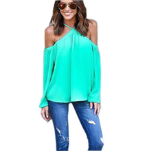 Casual Women Blouse Sexy Long Sleeve Halter Neck Off Shoulder Shirts Solid Color Loose Chiffon Blouses M0387