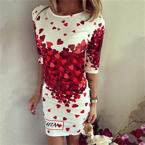 Fashion Dress Women Casual Heart Lovely Printing Dresses elegant Short Sleeve Round Neck Vestidos De Festa Dress