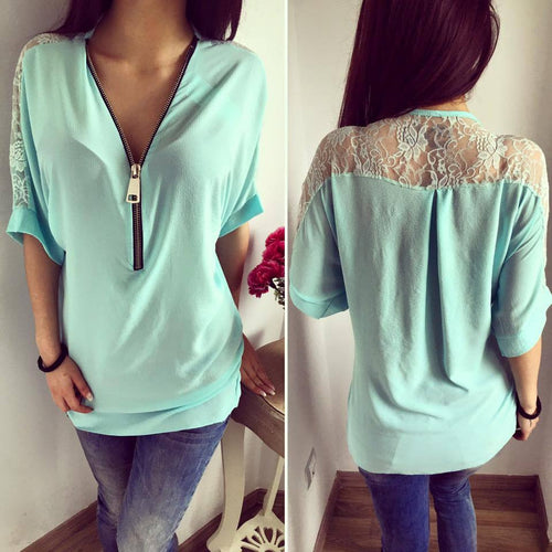 Half Sleeve Solid Lace Patchwork V-neck Blouse Zipper Lace Chiffon Women Blouse X0311