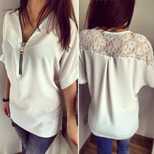 Half Sleeve Solid Lace Patchwork V-neck Blouse Zipper Lace Chiffon Women Blouse X0311