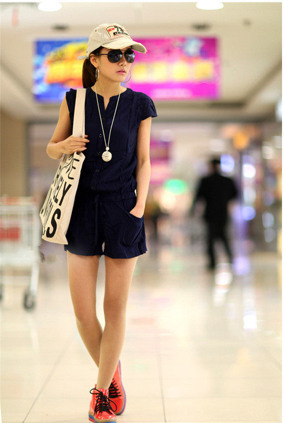 fashion-women-casual-jumpsuits-short-sleeve-elastic-waist-v-neck-rompers-short-pants-overalls-for-women-playsuit BBL