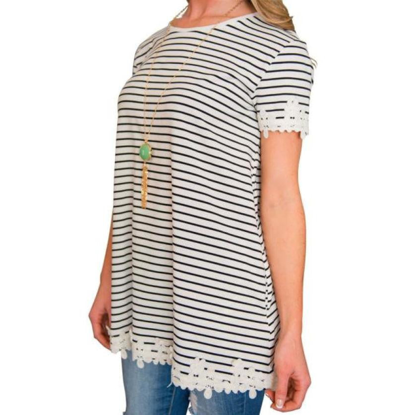 KoreanSexy Women Short Sleeve Splice Tops Shirt Lace
