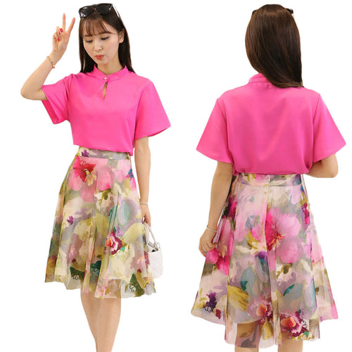 skirts-women-t-shirt-two-piece-set-stand-collar-hollow-out-chiffon-tops-mesh-floral-print-zipper-skirt-rose BBL