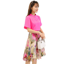 skirts-women-t-shirt-two-piece-set-stand-collar-hollow-out-chiffon-tops-mesh-floral-print-zipper-skirt-rose BBL