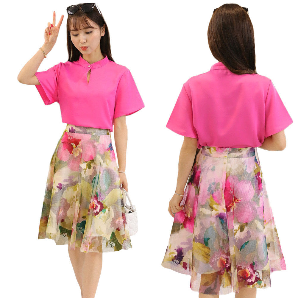 skirts-women-t-shirt-two-piece-set-stand-collar-hollow-out-chiffon-tops-mesh-floral-print-zipper-skirt-rose BBL