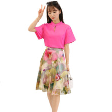 skirts-women-t-shirt-two-piece-set-stand-collar-hollow-out-chiffon-tops-mesh-floral-print-zipper-skirt-rose BBL
