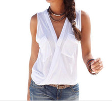 Style Womens Blouses Sexy Sleeveless Double Pocket Blusas Shirts Femininos V Neck Tops Casual Tops M0156