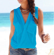 Style Womens Blouses Sexy Sleeveless Double Pocket Blusas Shirts Femininos V Neck Tops Casual Tops M0156