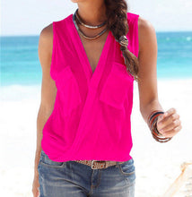 Style Womens Blouses Sexy Sleeveless Double Pocket Blusas Shirts Femininos V Neck Tops Casual Tops M0156