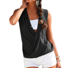 Style Womens Blouses Sexy Sleeveless Double Pocket Blusas Shirts Femininos V Neck Tops Casual Tops M0156