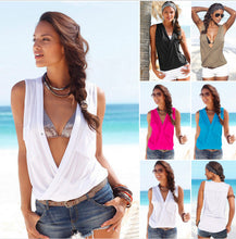Style Womens Blouses Sexy Sleeveless Double Pocket Blusas Shirts Femininos V Neck Tops Casual Tops M0156