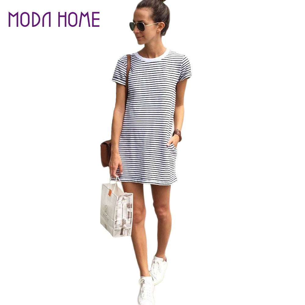 women-dress-striped-short-sleeve-mini-party-dress-white-o-neck-casual-loose-dress-beachwear-vestidos BBL