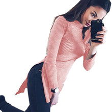Turtleneck Long Sweater Ribbed Asymmetrical Long Slim Sweater Sexy Casual Side Split Women Sweaters Top GV453