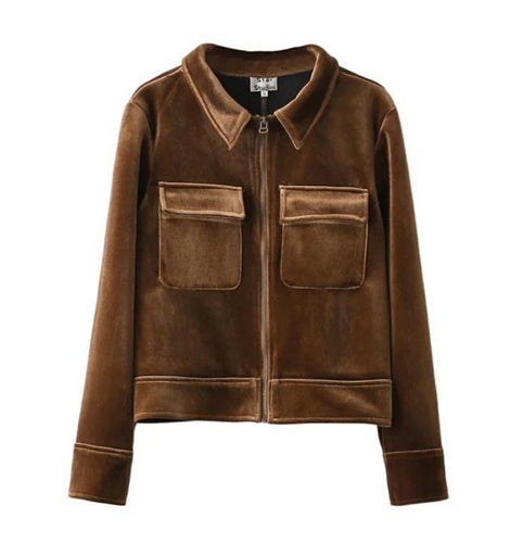 Vintage Double pockets Velet Jacket Woman Lapel Velour Pilot Jacket Short Coat Outerwear Tops Femme