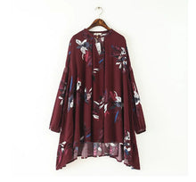 Vintage Flower Print V neck Pullover Shirt Women Lanern Sleeve Irregular Cotton Loose Blouses Tops