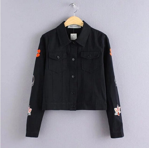 Vintage Sleeve Flower Embroidery Jacket Women Lapel Letter Embroidery Denim Jacket Short Coat Outerwear Tops Femme