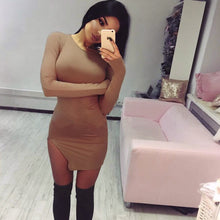 Warm Mini Dress Sexy Women's O Neck Long Sleeved Cotton Side Splite Party Night Clubwear Vestidos LX109