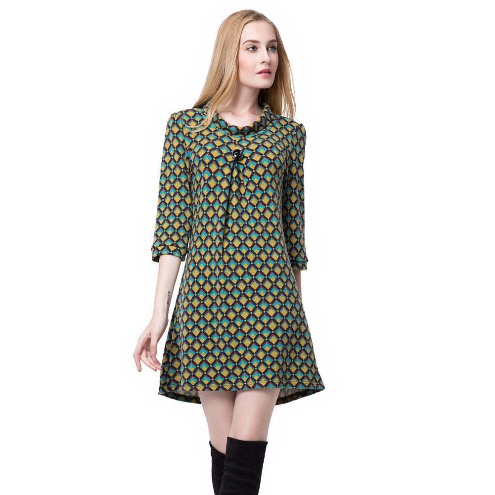 women-dress-contrastcolor-plaid-casual-dress-round-neck-button-three-quarter-sleeve-mini-dress-vestidos BBL