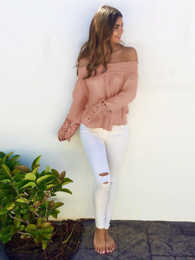 Women Off Shoulder Ladies Slash Neck T Shirt Plus Size Sexy Patchwork Slim T-shirt Clothing Tops M0525