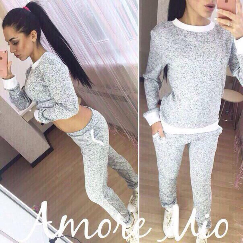 Women & Warm Women Casual Sets Women Long Sleeve O-neck Slim Solid Tracksuit Sets X0264