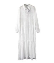 Women BOHO Slit Side Lace White Chiffon Maxi Dress Lapel Long Sleeve Beach Long Dresses blouse shirt