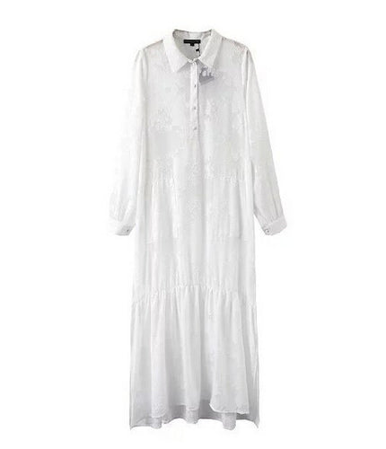 Women BOHO Slit Side Lace White Chiffon Maxi Dress Lapel Long Sleeve Beach Long Dresses blouse shirt