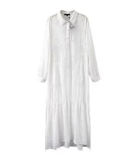 Women BOHO Slit Side Lace White Chiffon Maxi Dress Lapel Long Sleeve Beach Long Dresses blouse shirt