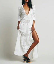 Women BOHO Slit Side Lace White Chiffon Maxi Dress Lapel Long Sleeve Beach Long Dresses blouse shirt