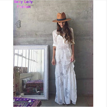 Women BOHO Slit Side Lace White Chiffon Maxi Dress Lapel Long Sleeve Beach Long Dresses blouse shirt