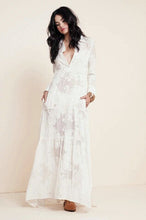 Women BOHO Slit Side Lace White Chiffon Maxi Dress Lapel Long Sleeve Beach Long Dresses blouse shirt