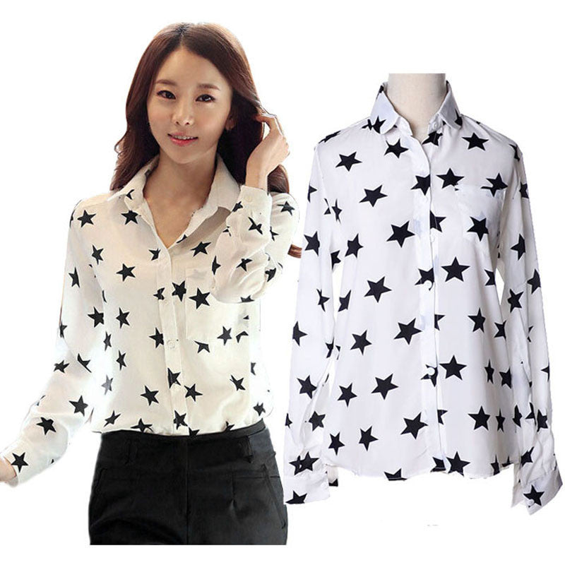 Women Blouse Fashion Turn-down Collar Stars Print White Lady Chiffon Shirt Long Sleeve blusa Tops