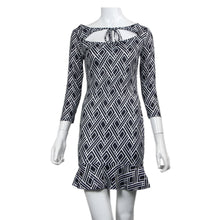 women-bodycon-dress-three-quarter-sleeve-geometric-print-mini-dress-mermaid-hem-workwear-sexy-club-dress-black BBL