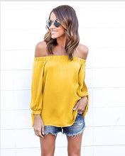 Women Casual Chiffon Blouses Sexy Top Off Shoulder Mujer Tops Long Sleeve Slash Neck Solid Femme Blusas Shirt M0401