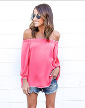 Women Casual Chiffon Blouses Sexy Top Off Shoulder Mujer Tops Long Sleeve Slash Neck Solid Femme Blusas Shirt M0401