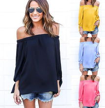 Women Casual Chiffon Blouses Sexy Top Off Shoulder Mujer Tops Long Sleeve Slash Neck Solid Femme Blusas Shirt M0401