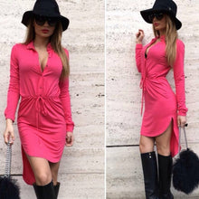 Women Dress Long Sleeve V Neck MIni Dresses Vestidos Button-up Shirt Dresses Women Asymmetrical Sexy Dress M0483