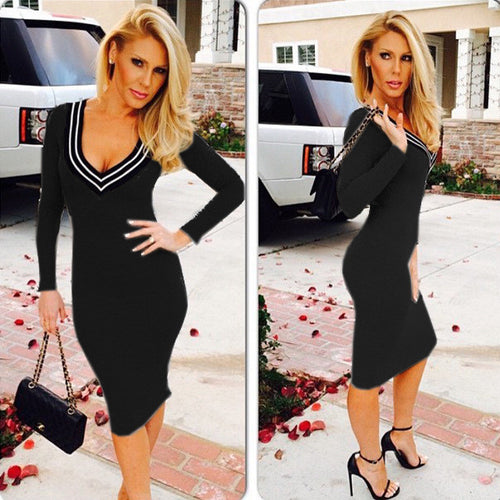Women Dresses Long Sleeve V-neck Dress Sexy Stretch Bodycon Package Hip Dress Women Clothing Vestido De Festa J3302