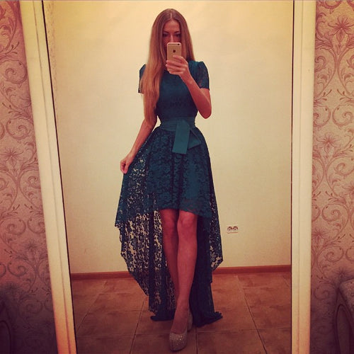 Women Dress Asymmetrical Patchwork Dress Hollow Out Short Sleeve O Neck Lace Maxi Dresses M0024