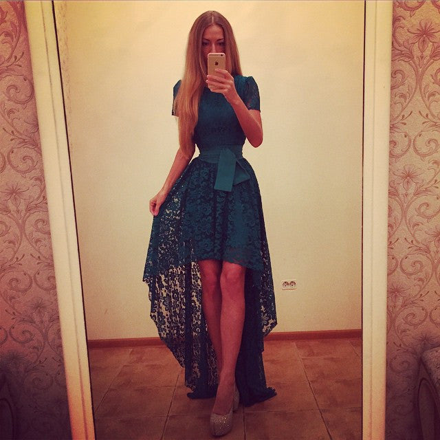 Women Dress Asymmetrical Patchwork Dress Hollow Out Short Sleeve O Neck Lace Maxi Dresses M0024