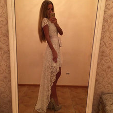 Women Dress Asymmetrical Patchwork Dress Hollow Out Short Sleeve O Neck Lace Maxi Dresses M0024