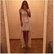 Women Dress Asymmetrical Patchwork Dress Hollow Out Short Sleeve O Neck Lace Maxi Dresses M0024