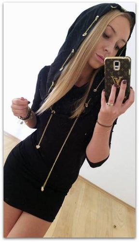 Women Sexy Metal Chain Buckles Mini Dress Vestidos Elegant Bodycon Hooded Package Hip Dress Q0231