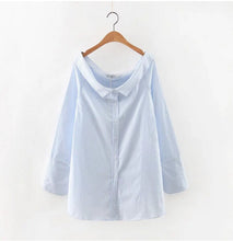 Women Peter pan collar Striped Shirt Casual Buttons Side Slit Off Shoulder Blouse Tops blusas femme blusas