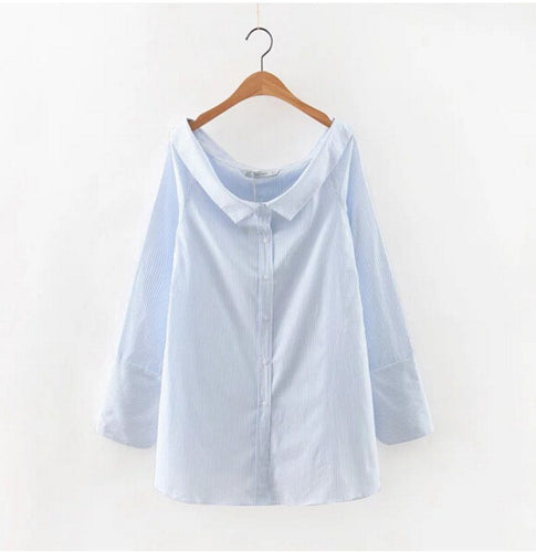 Women Peter pan collar Striped Shirt Casual Buttons Side Slit Off Shoulder Blouse Tops blusas femme blusas